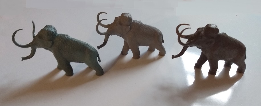 THREE MARX WOOLLY MAMMOTHS IN IRREGULAR COLORS
