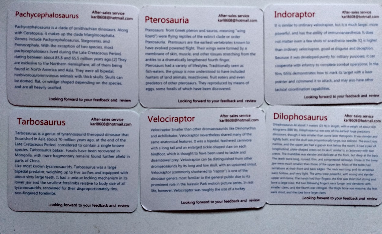 SIX HAOMSJ DINOSAUR CARDS - BACK